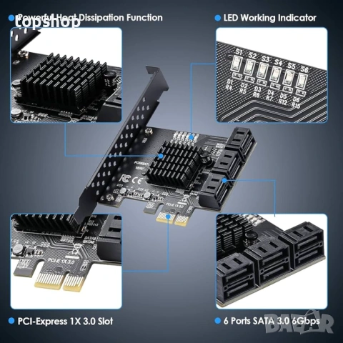 Нов PCIe SATA разширителна карта с 6 порта 6 Gbps SATA 3.0 ASM1166 контролер + 6 кабела  , снимка 2 - Други - 54086867