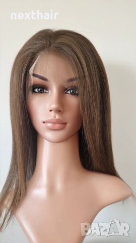 Естествена кафява перука 40 см, бразилски косъм, дантела 13x4, снимка 4 - Аксесоари за коса - 53136564