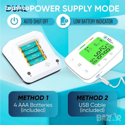 Нов автоматичен апарат за кръвно налягане ByFloProducts с цветен дисплей и маншет 22-42см  , снимка 5 - Други - 54096310