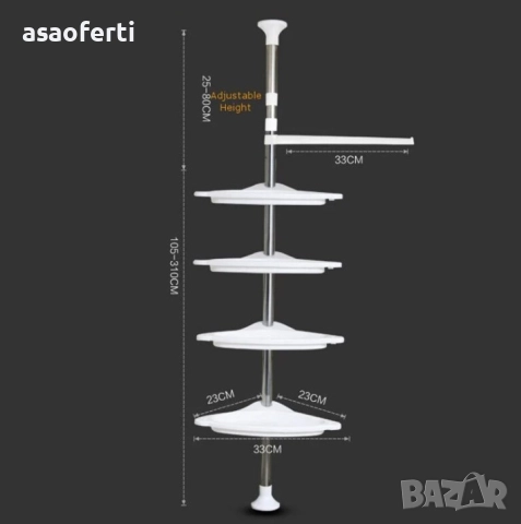 🛁 Ъглова Телескопична Етажерка за Баня – 4 Рафта, Регулируема Височина, Без Пробиване, снимка 11 - Други стоки за дома - 52646400