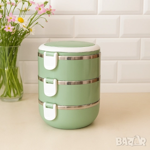 Кутия за храна от неръждаема стомана, 3 слоя, 16,5x20,5см, 2100мл, преносима, със сгъваеми дръжки, снимка 2 - Други стоки за дома - 51887361