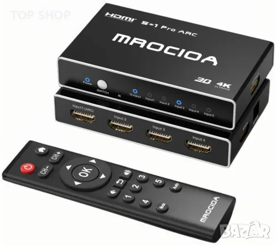 5 входа - 1 изход HDMI ARC превключвател, 4K@60Hz eARC автоматичен HDMI 2.0 сплитер с дистанционно, снимка 1 - Друга електроника - 49417952