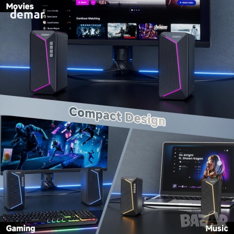 SOULION компютърни високоговорители, USB C/USB захранвани, цветна LED светлина, стерео 2.0, снимка 7 - Слушалки и портативни колонки - 54107409