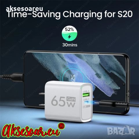 Бързо GaN USB Type C зарядно Quick Charge 3.0 65W PD за iPhone Huawei Xiaomi Samsung EU Plug захранв, снимка 12 - Резервни части за телефони - 46293554