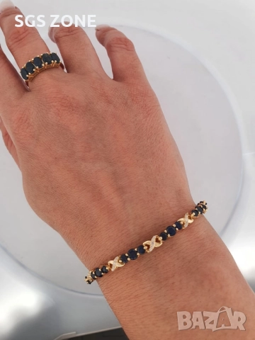 сребърна гривна с естествени сапфири, позлатена