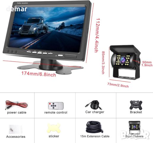 Камера за заден ход Hodozzy и 7-инчов LCD монитор, IR нощно виждане Водоустойчив 12V-24V, снимка 7 - Аксесоари и консумативи - 46199814