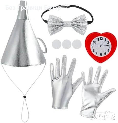 Нов Хелоуин костюм аксесоари Tin Man – сребърна шапка фуния + ръкавици