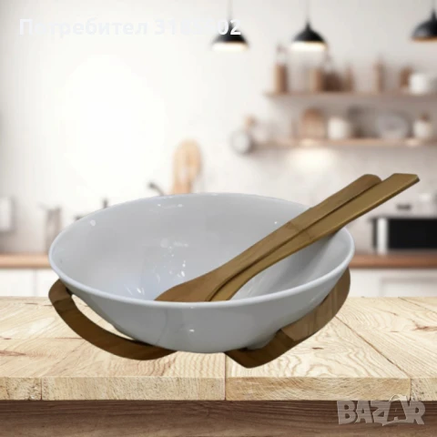 Луксозен комплект за салата с керамична купа и дървени аксесоари, снимка 4 - Прибори за хранене, готвене и сервиране - 51420684