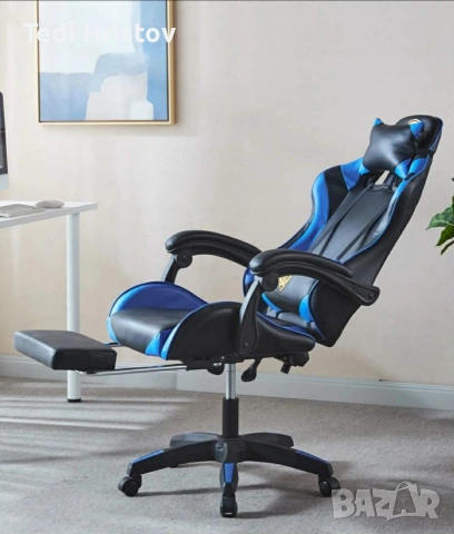 Геймърски стол за релакс с масаж и подложка за крака – син, снимка 2 - Столове - 53239166