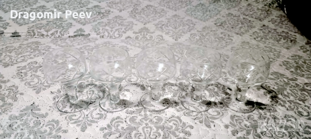 Ретро сервиз от винтидж КРИСТАЛНИ чаши за коняк/ракия – 5 бр