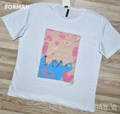 СТРАХОТНА тениска с розово-синя щампа и камъчета по нея, снимка 1 - Тениски - 45492905