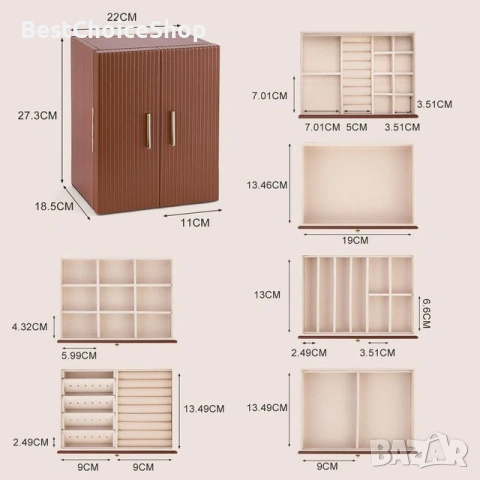 Kутия за бижута. Голяма 6-етажна с 5 чекмеджета и огледало за пръстени и колиета, снимка 6 - Колиета, медальони, синджири - 53083147