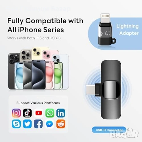 Нов Мини безжичен лавалиерен микрофон за iPhone Android USB-C Lightning с шумопотискане, снимка 8 - Микрофони - 53151266