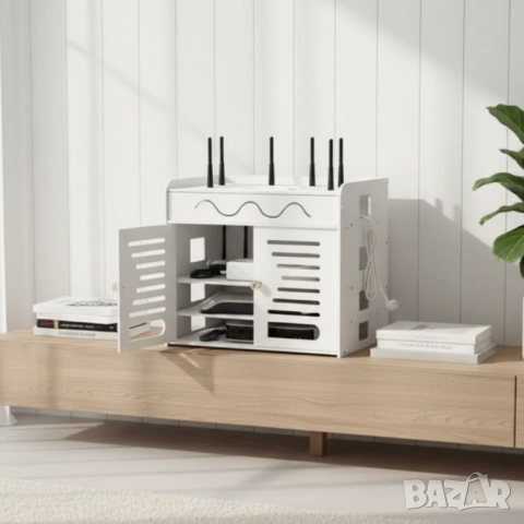 Органайзер шкаф за Wi-Fi рутер и кабели – 3 нива, бял дизайн, снимка 4 - Други стоки за дома - 51947546