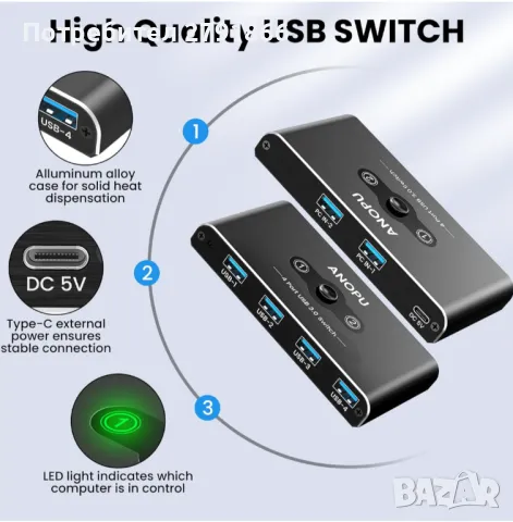 USB превключвател KVM превключвател, алуминиев USB 3.0 превключвател 2 компютъра, споделящи 4 USB ус, снимка 8 - Работни компютри - 48285685