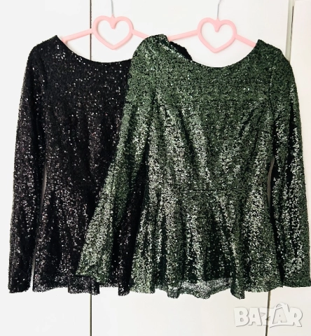 Разпродажба дамски топ блуза с пайети дълъг ръкав пайетен пайетена с гол гръб черен зелен официална
