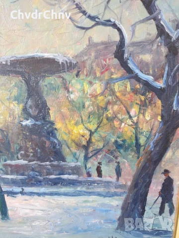 61х53см/абстрактна картина масло върху платно/градски пейзаж-зима-фонтан/дървена рамка, снимка 3 - Картини - 51019825