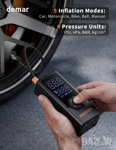 Преносим въздушен компресор за гуми HOVVIDA, 7800 mAh, 12V DC, 150 PSI, дебит 40л/мин, снимка 3 - Аксесоари и консумативи - 54048201