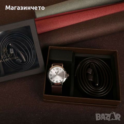 Подаръчен комплект Колан в черен цвят заедно с часовник кафяв/черен, снимка 1 - Подаръци за мъже - 45267336