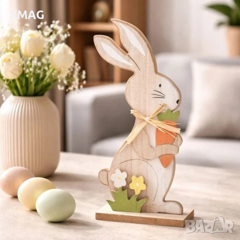 Великденска дървена декоративна фигура - заек с морков 14x5x30 см._1160780