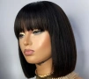 Естествена перука коса 25,4 см дължина черна с бретон 150% плътност, снимка 3