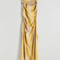 Maxi дълга жълта елегантна  рокля кръгло деколте широки презрамки с принт , снимка 5 - Рокли - 45654283