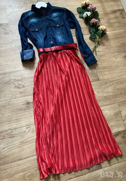 Разпродажба спешно! Нова дълга рокля дънкова + солей плисе с колан към нея , снимка 1