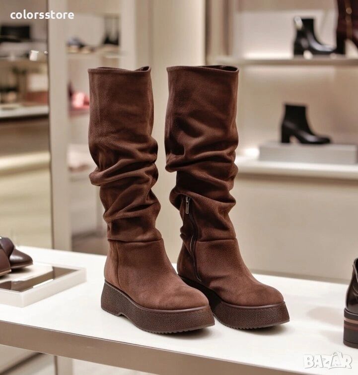 Равни ботуши - кафяв велур - MKR18 , снимка 1