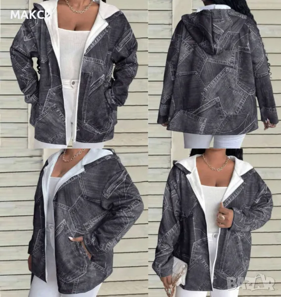 Макси атрактивно тънко термо горнище/яке с качулка, джобове и цип в десен имитация дънков плат/деним, снимка 1