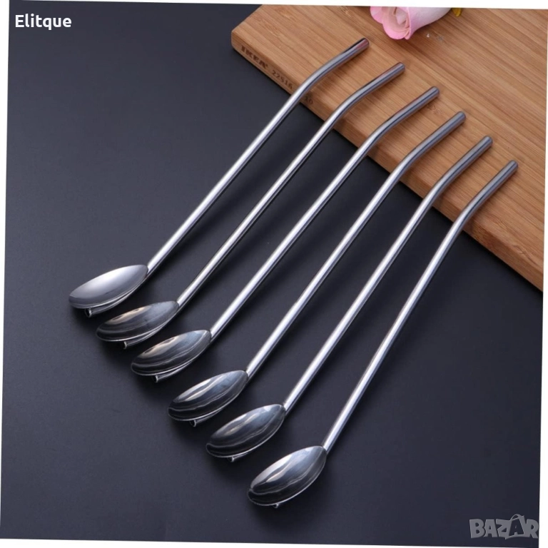 Комплект от 6 броя метални лъжици със сламки 2в1 + ПОДАРЪК ЧЕТКА  -  ПРОМОЦИЯ -, снимка 1