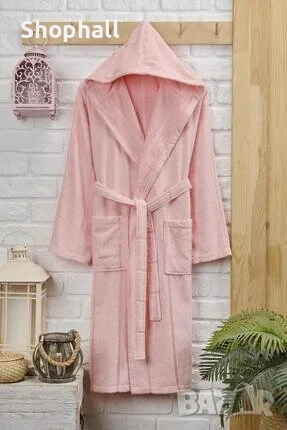 Памучен халат за баня с качулка розов, снимка 1