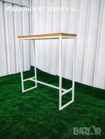 Бар маса с бяла метална конструкция и дървен плот от масив , снимка 6 - Маси - 51102848