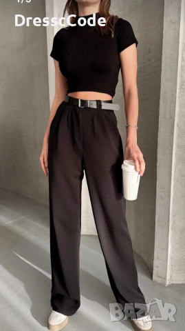 Дамски черен широк панталон 