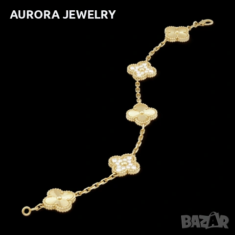 Van Cleef & Arpels VCA Gold Clear and Diamond 5 Motifs Vintage Alhambra Дамска Гривна, снимка 4 - Гривни - 53405562