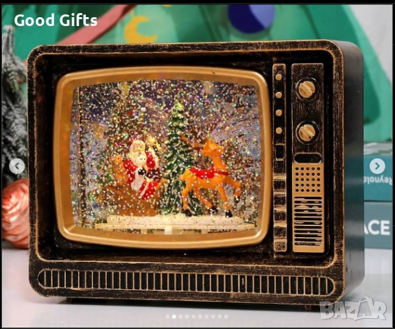 Коледен ретро телевизор с LED светлини и движещ се сняг – декоративна лампа с Дядо Коледа и снежни с, снимка 2 - Декорация за дома - 52235238