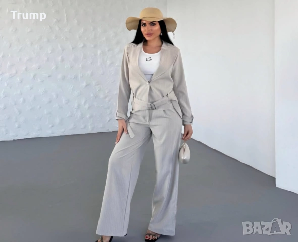 Елегантен комплект от скъсено сако и панталон,  фино рае, цвят нежно бежаво