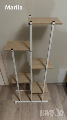 Поставка за цветя, метална, бяла, с 6 дървени рафта, 113 x 60 x 20 cm, снимка 3 - Градински мебели, декорация  - 52897169