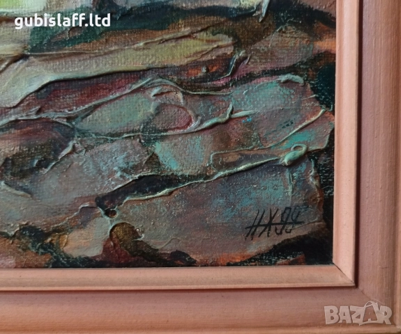 Картина, пейзаж, църква, море, худ. Н. Ханзъров, 1999 г., снимка 3 - Картини - 52218839