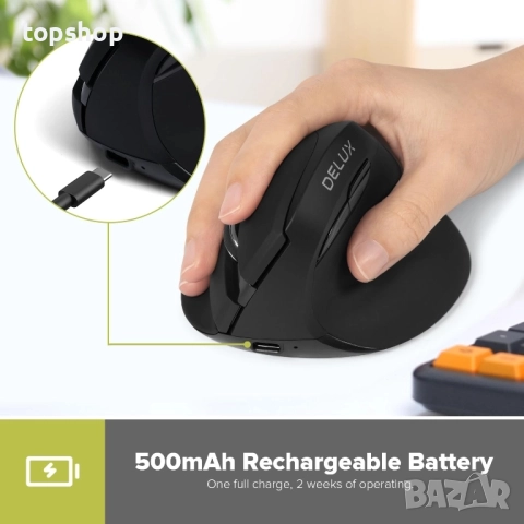 Чисто нова безжична вертикална мишка DeLUX, малка, презареждаща се, безшумна ергономична мишка ..., снимка 7 - Клавиатури и мишки - 51628780