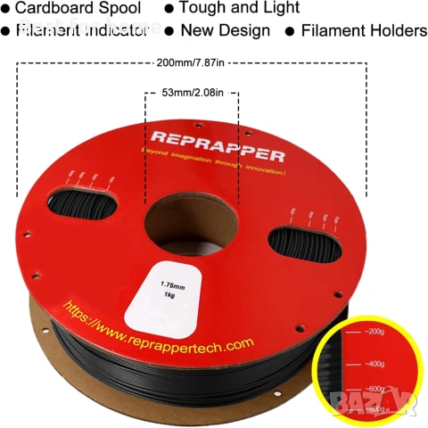 Reprapper Проводим TPU филамент 1.75 мм (± 0.03 мм) 2.2 фунта (1 кг) за 3D принтер, електропроводим , снимка 9 - Други инструменти - 53838423