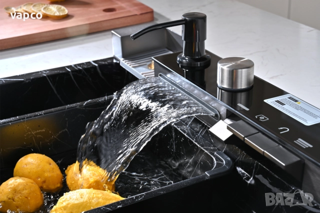  Черен мрамор - Мултифункционална кухненска мивка с двоен водопад , снимка 13 - Мивки - 52128188