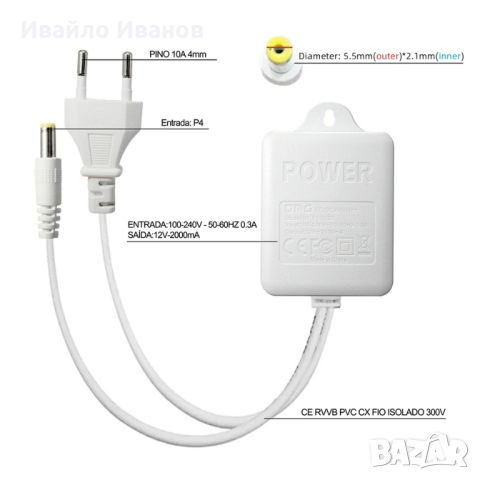 външно захранване AC 220V към DC12V, 2A, 24W с 3м.кабел, IP65, снимка 3 - Друга електроника - 46669821