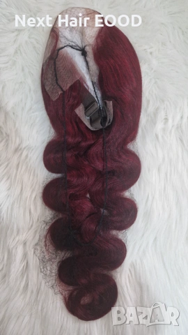 Естествена бразилска перука 75 см - тъмно червена, чуплива, дантелена зона 13x6, снимка 5 - Аксесоари за коса - 53294762