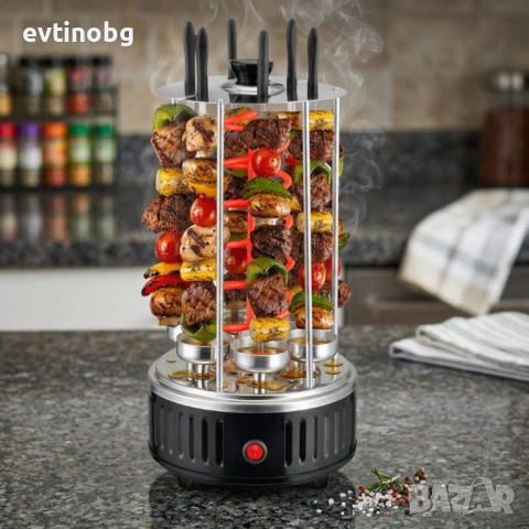 Електрическа скара за барбекю с 6 вертикални шиша – 1000W, автоматично въртене, без дим, снимка 2 - Скари - 54027641