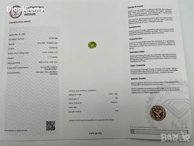 💚 Рядък и изящен верделит турмалин 1.13ct – Сертифициран от IGI! 💚, снимка 2 - Други - 49318163