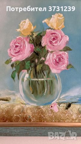 "Рози" - маслени бои, 40/40 см. Рамкирана, снимка 3 - Картини - 44710321