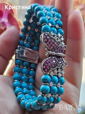 Уникална сребърна гривна с Тюркоази и Рубини, снимка 5 - Гривни - 54058793