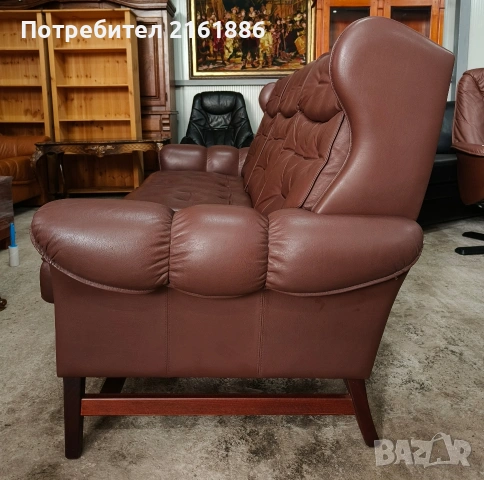 Винтидж диван тройка от естествена кожа , снимка 5 - Дивани и мека мебел - 54183558