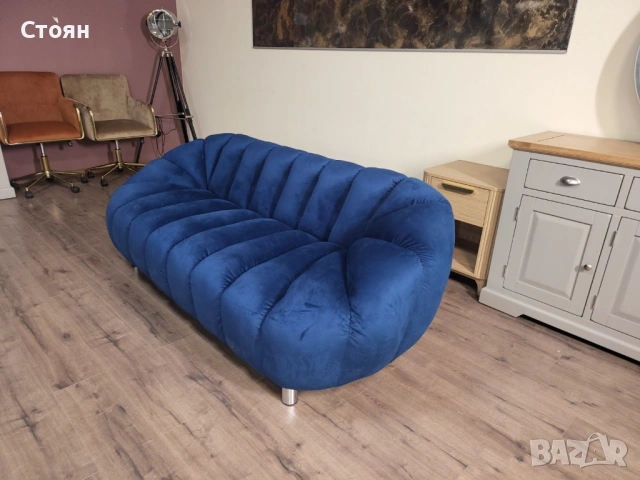 Син диван тройка от плат кадифе, снимка 10 - Дивани и мека мебел - 53716558