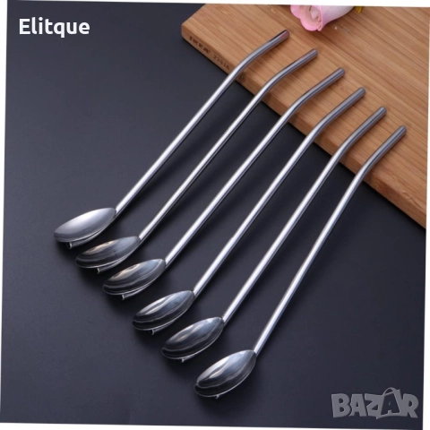 Комплект от 6 броя метални лъжици със сламки 2в1 + ПОДАРЪК ЧЕТКА  -  ПРОМОЦИЯ -